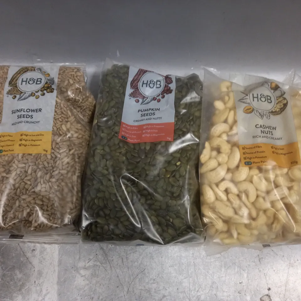 THREE ASSORTED H&B  PRODUCTS TO INCLUDE; CASHEW NUTS(800G), PUMPKIN SEEDS(1KG0 AND SUNFLOWER SEEDS(1KG)