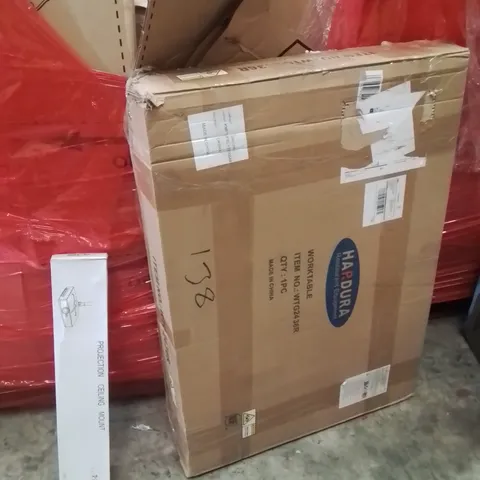 PALLET OF ASSORTED HOUSEHOLD GOODS AND PRODUCTS TO INCLUDE;PROJECTOR CEILING MOUNT,WORK TABLE