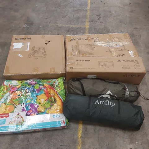 PALLET OF ASSORTED ITEMS INCLUDING: BABY WALKER, MOBICLINIC COT, BABY GYM, CAMPING ITEMS ECT