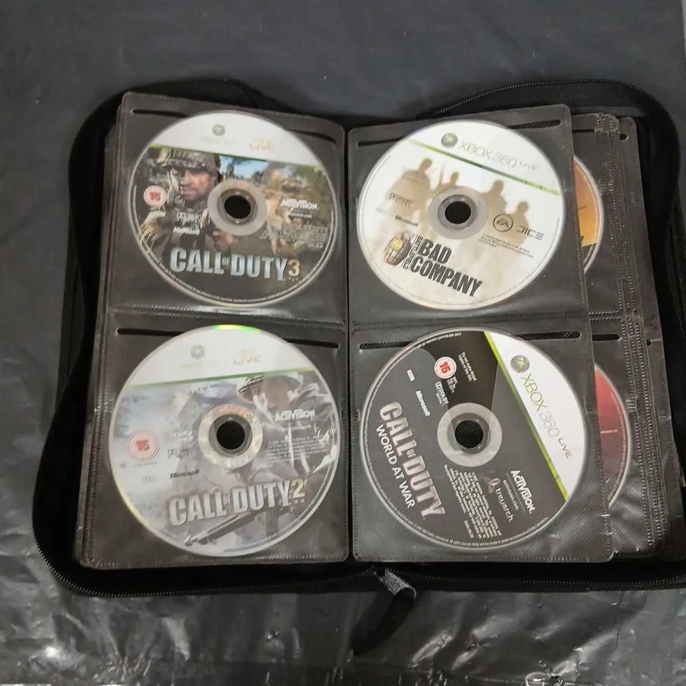 CD/GAME WALLET WITH APPROXIMATELY 50 ASSORTED XBOX 360 GAMES