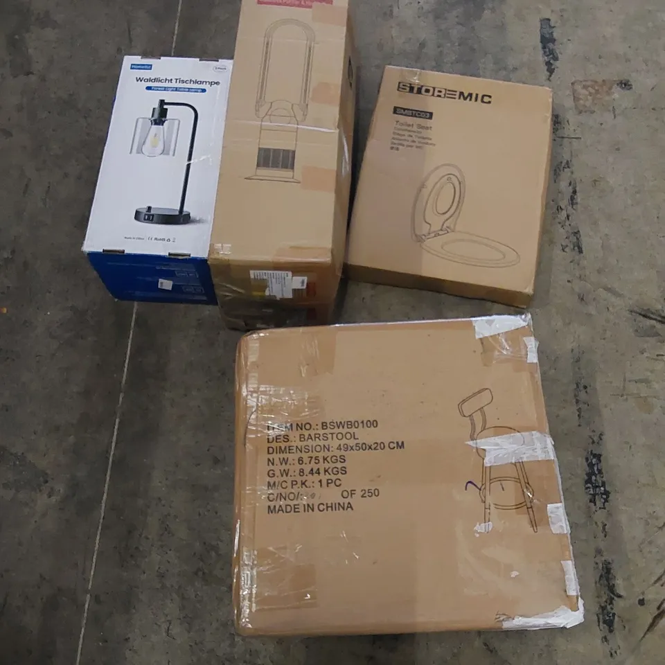 PALLET TO CONTAIN ASSORTED HOUSEHOLD ITEMS AND CONSUMER PRODUCTS. INCLUDES TOASTER, HEATER FAN, TOILET SEATS, TABLE LAMP, BAR STOOL ETC