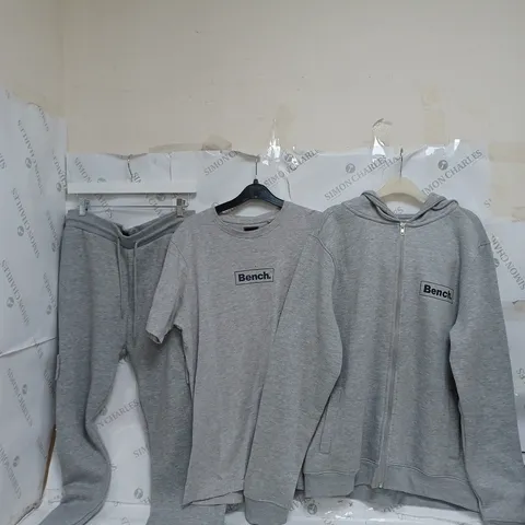 12 ASSORTED BENCH PIECES OF CLOTHING TO INCLUDE T-SHIRT, JACKETS, AND SWEATPANTS ETC.