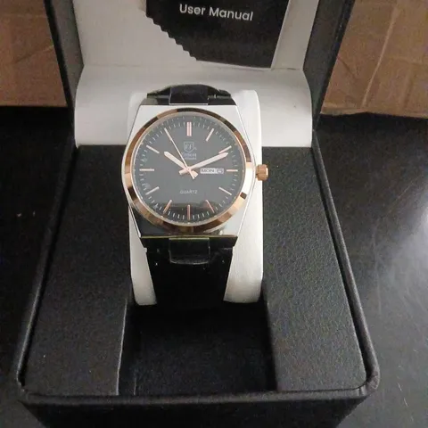 ERNEST FERDINAND QUARTZ WRISTWATCH – BLACK DIAL, GOLD-TONE CASE, LEATHER STRAP, BOXED