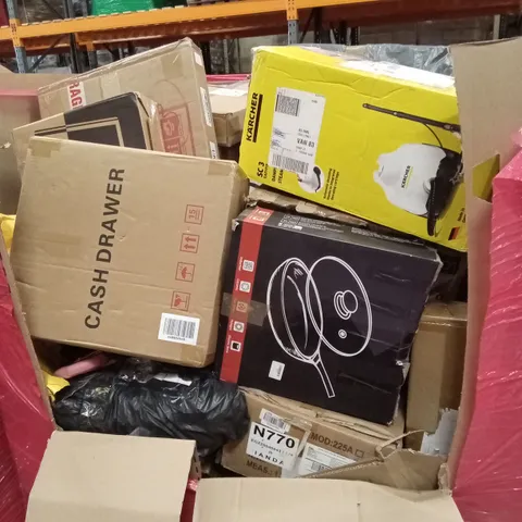 PALLET OF ASSORTED HOUSEHOLD GOODS AND PRODUCTS TO INCLUDE; FRYING PAN, CASH DRAWER, BOXED FURNITURE ETC