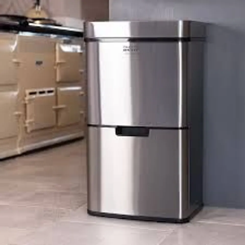 BOXED CHARLES BENTLEY TRIPLE COMPARTMENT STAINLESS STEEL 62L SENSOR BIN RECYCLE WASTE