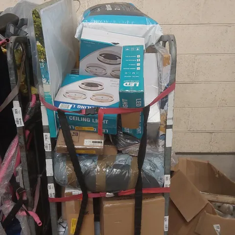 CAGE CONTAINING A LARGE QUANTITY OF ASSORTED ITEMS INCLUDING: PILLOWS, CEILING LIGHTS, PAINTINGS ECT - CAGE NOT INCLUDED