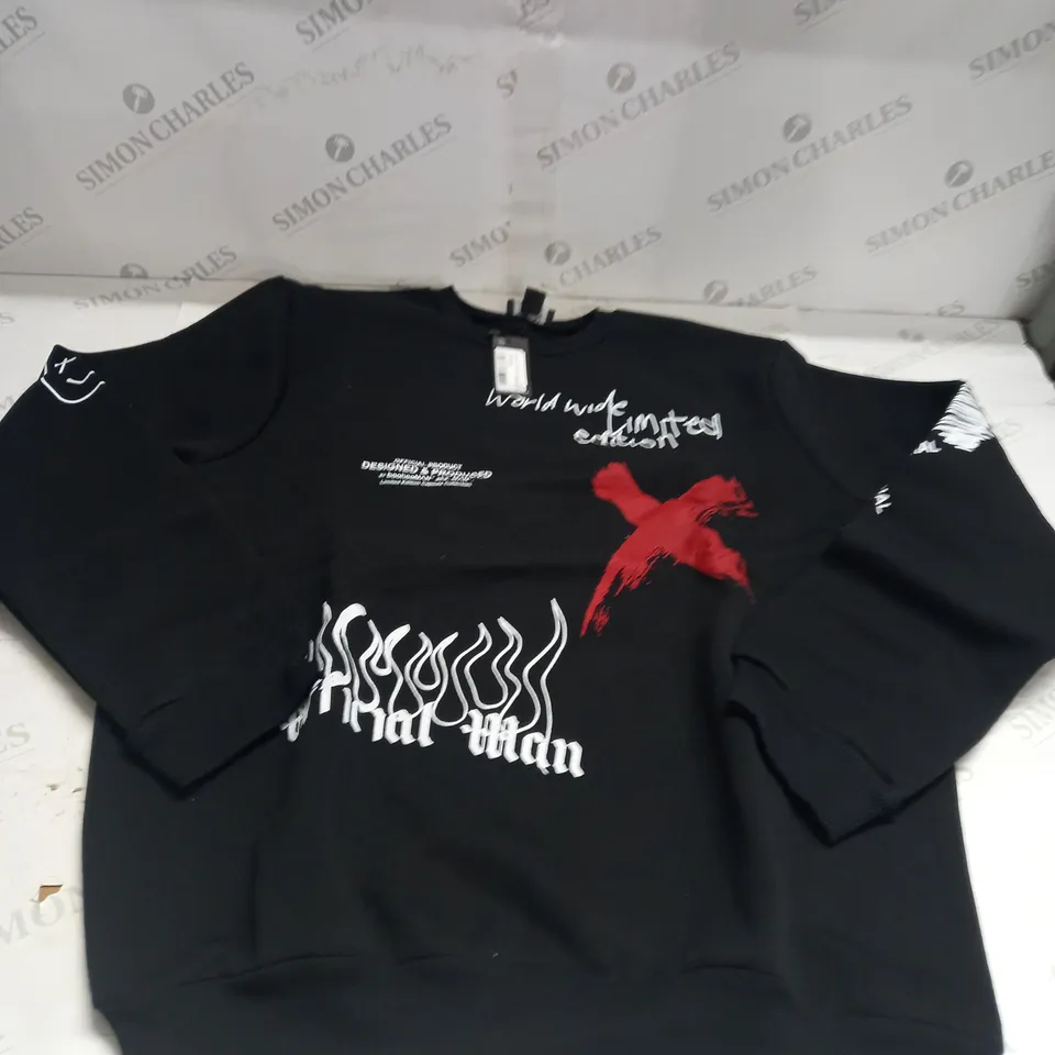 BLACK OVERSIZED GRAFFITI JUMPER SIZE S