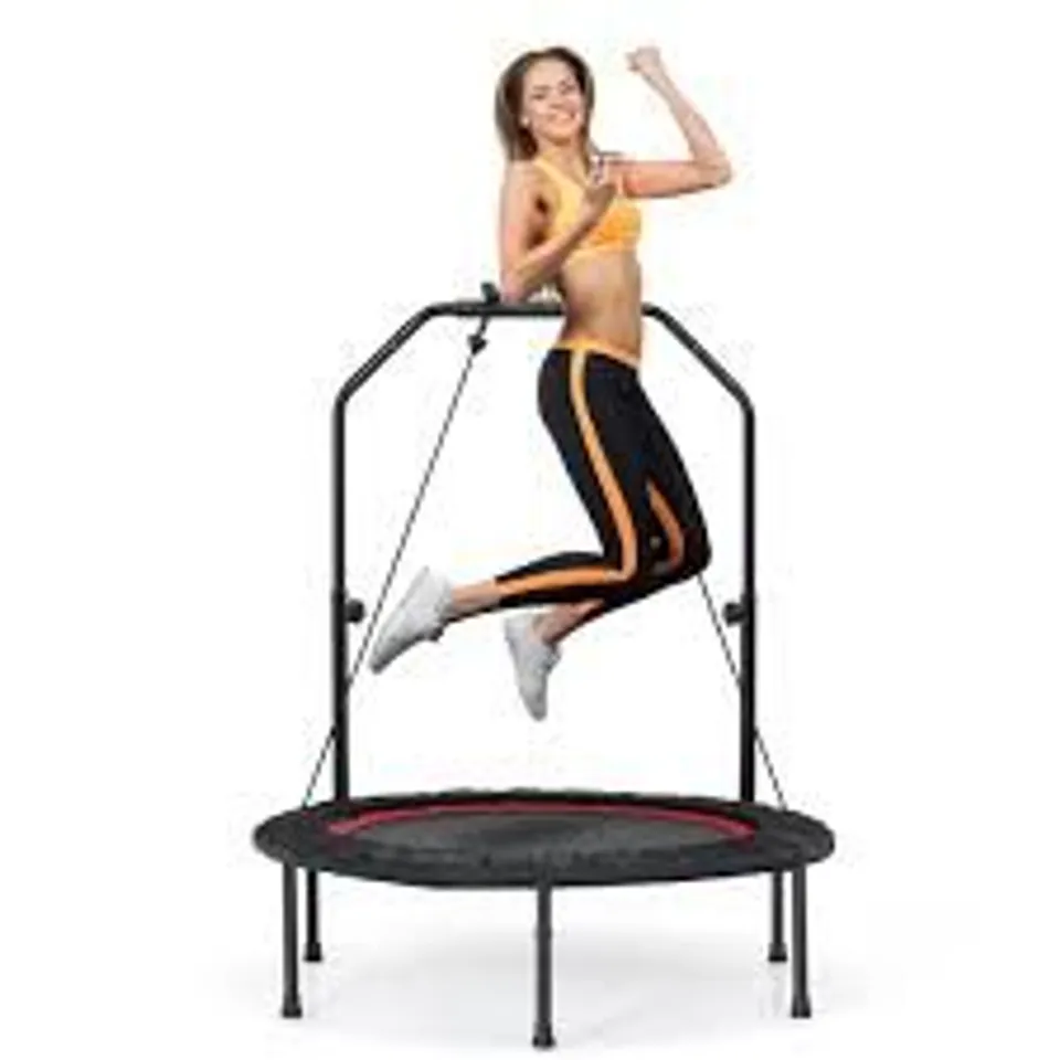 BOXED COSTWAY Ø101 CM MINI TRAMPOLINE WITH HEIGHT-ADJUSTABLE HANDLE & 2 RESISTANCE BANDS