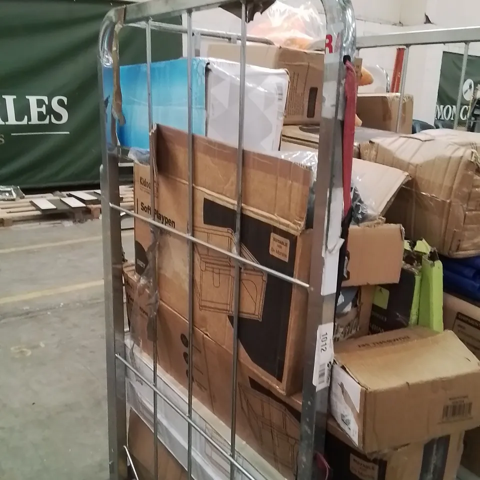 CAGE OF ASSORTED HOUSEHOLD GOODS AND PRODUCTS TO INCLUDE;BAMBOO SHOE RACKS,PLAYPENS,DOG COOLING PILLOW,SUITCASE,WEATHERPROOF 30M CABLE REEL
