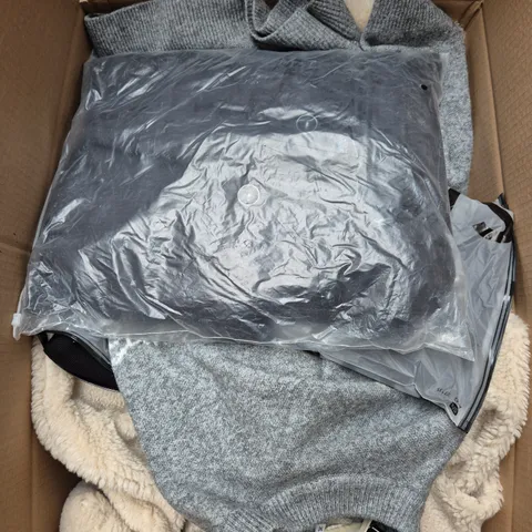 LARGE BOX OF ASSORTED CLOTHING ITEMS IN VARIOUS SIZES, STYLES AND COLOUR 