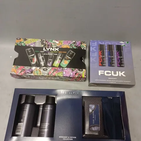 LOT OF 3 ASSORTED COSMETIC BOXSETS TO INCLUDE - TED BAKER BERGAMONT & VETIVER COLLECTION - FCUK FRAGRANCE COLLECTION - LYNX GAME TIME BODY SPRAY COLLECTION