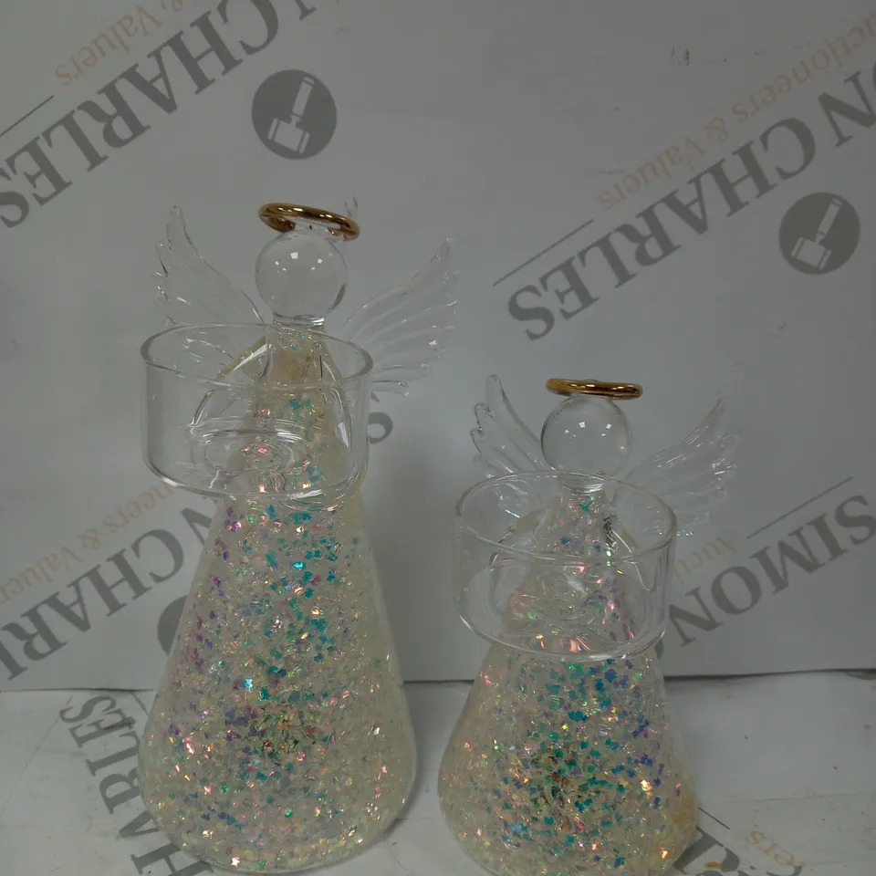 HOME REFLECTIONS SET OF 2 PRE-LIT GLASS ANGEL CANDLE HOLDERS