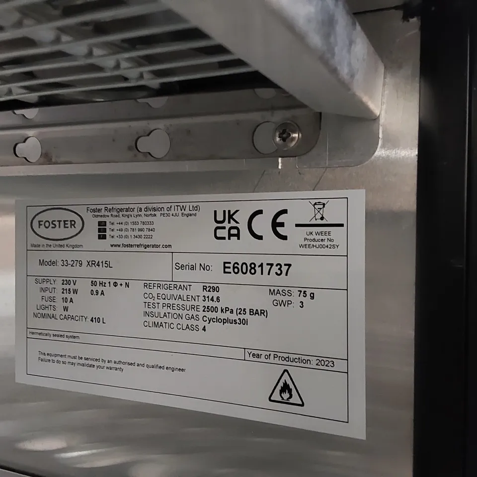 FOSTER XTRA XR415L LIGHT DUTY 410 LTR COMMERCIAL UPRIGHT SINGLE DOOR STAINLESS STEEL FREEZER