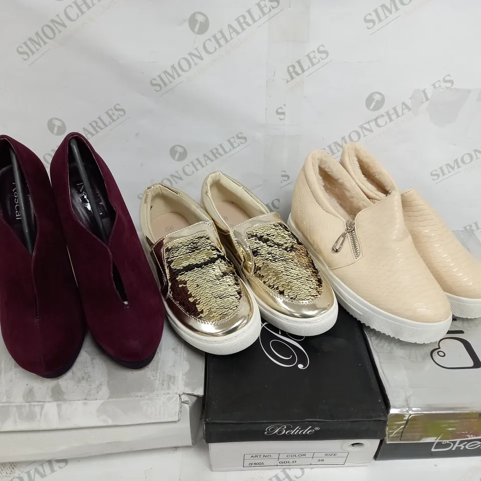 APPROXIMATELY 5 BOXED PAIR OF SHOES TO INCLUDE PASCAL PLATFORM HEELS IN SIZE 5, BELIDE LOAFERS SIZE 5, KELSI TRAINERS SIZE 4