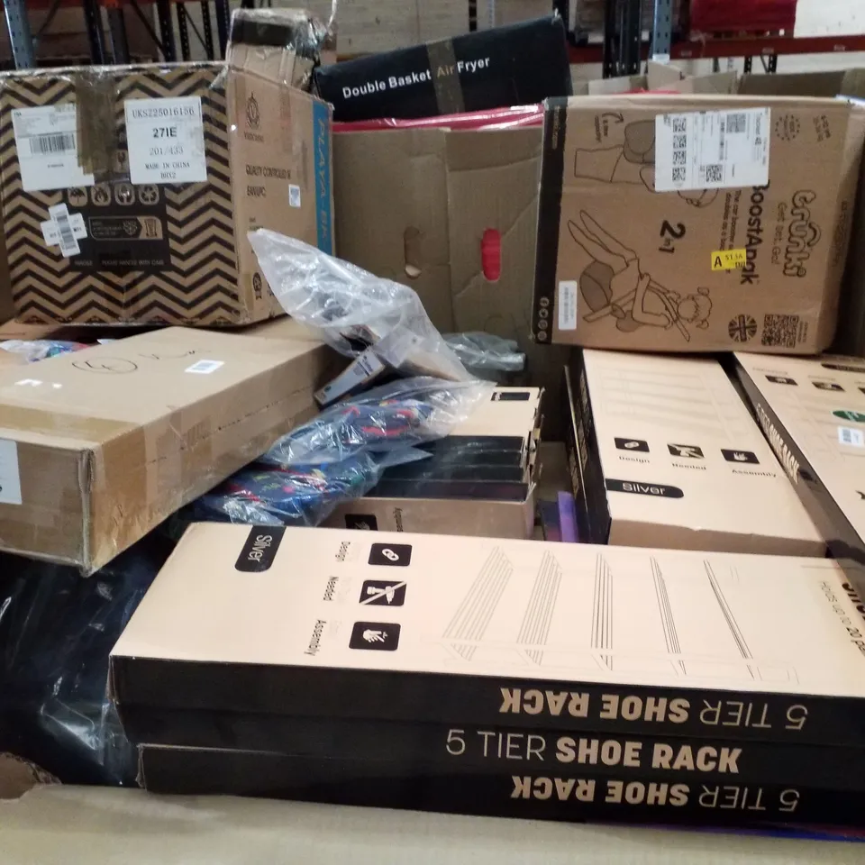 PALLET CONTAINING ASSORTED PRODUCTS INCLUDING CEILING FAN WITH LIGHTS, 5-TIER SHOE RACK, RATTAN BABY WALKER, BOOSTER SEAT/BACKPACK & KIDS BACKPACKS 
