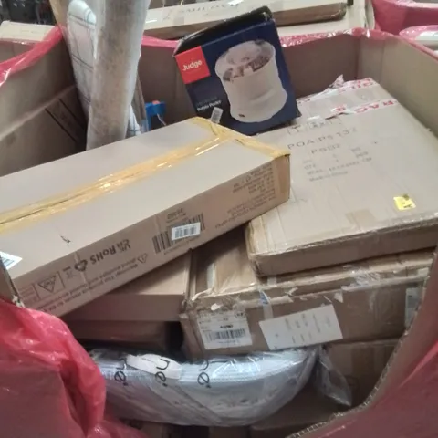 PALLET CONTAINING VARIOUS ASSORTED BOXED HOUSEHOLD ITEMS TO INCLUDE: POTATO PEELER, AREA RUG, SPRINKLERS SYSTEM, BABY MOSES BASKET AND LOTS MORE UNMARKED BOXED ITEMS 