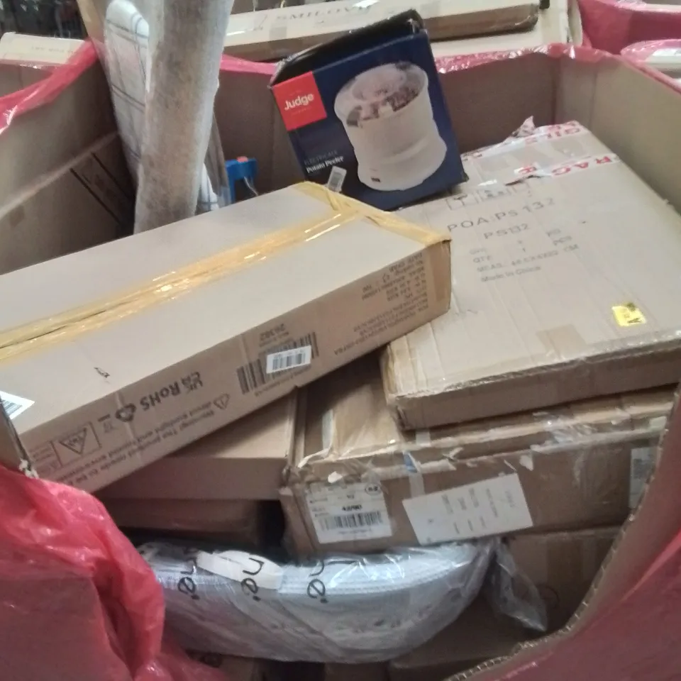 PALLET CONTAINING VARIOUS ASSORTED BOXED HOUSEHOLD ITEMS TO INCLUDE: POTATO PEELER, AREA RUG, SPRINKLERS SYSTEM, BABY MOSES BASKET AND LOTS MORE UNMARKED BOXED ITEMS 