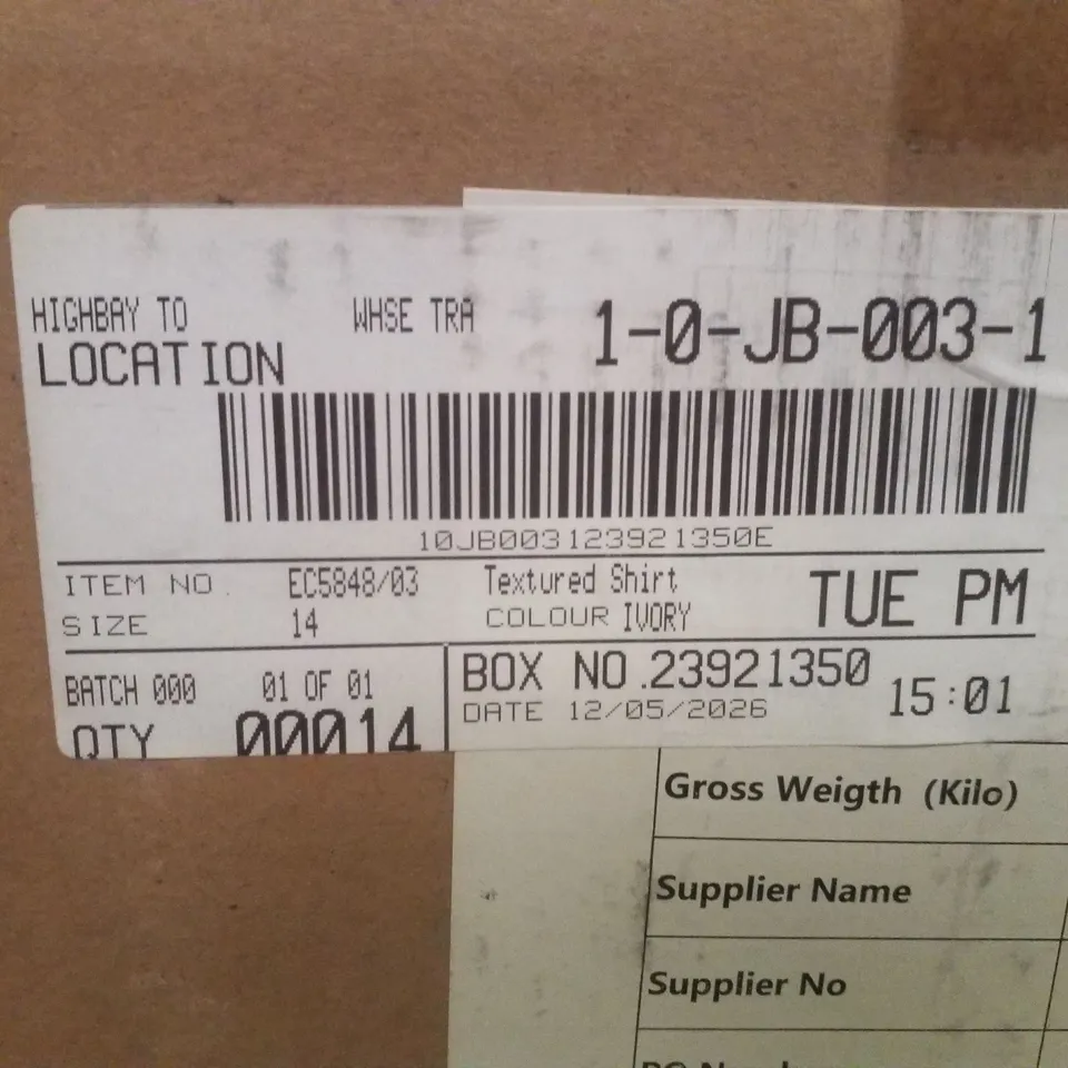BOX CONTAINING APPROXIMATELY 14X BRAND NEW JD WILLIAMS TEXTURED SHIRT - COLOUR IVORY - SIZE 14