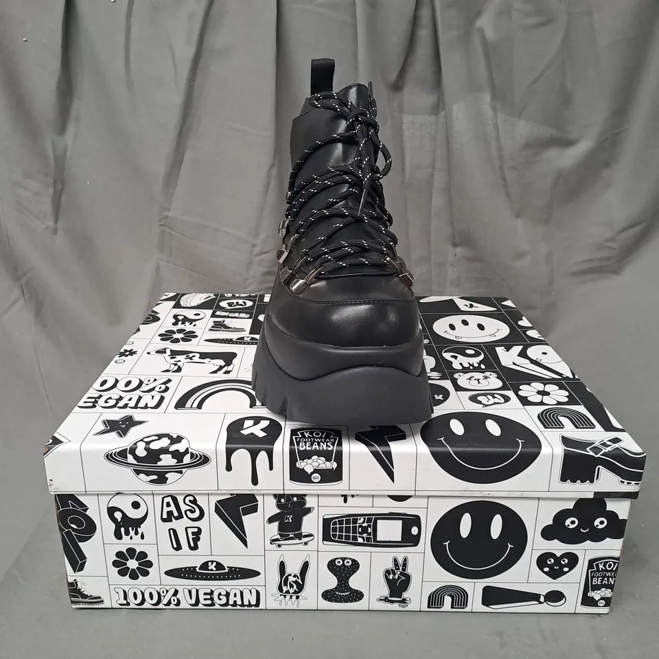 BOXED PAIR OF KOI VEGAN SIGMAR CHUNKY HIKING BOOTS IN BLACK UK SIZE 8
