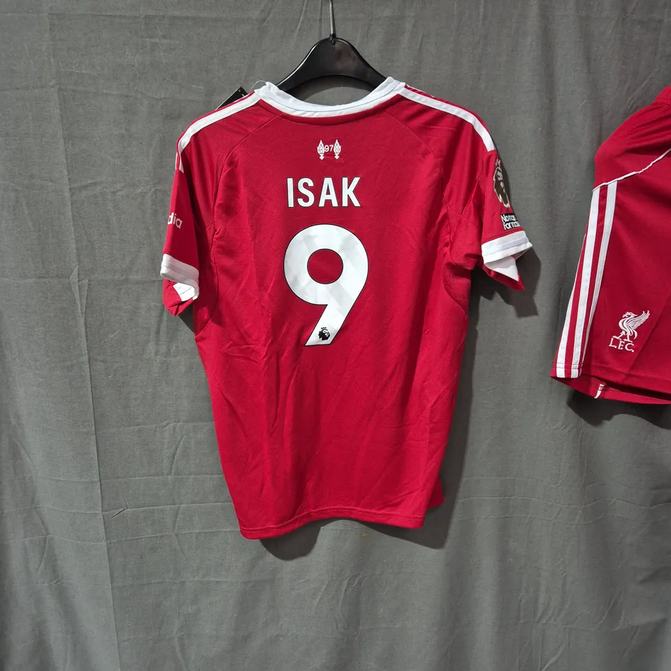 LIVERPOOL FC ADIDAS HOME SHIRT AND SHORTS – ISAK 9, SLIM FIT, UK 28 (MEN'S)