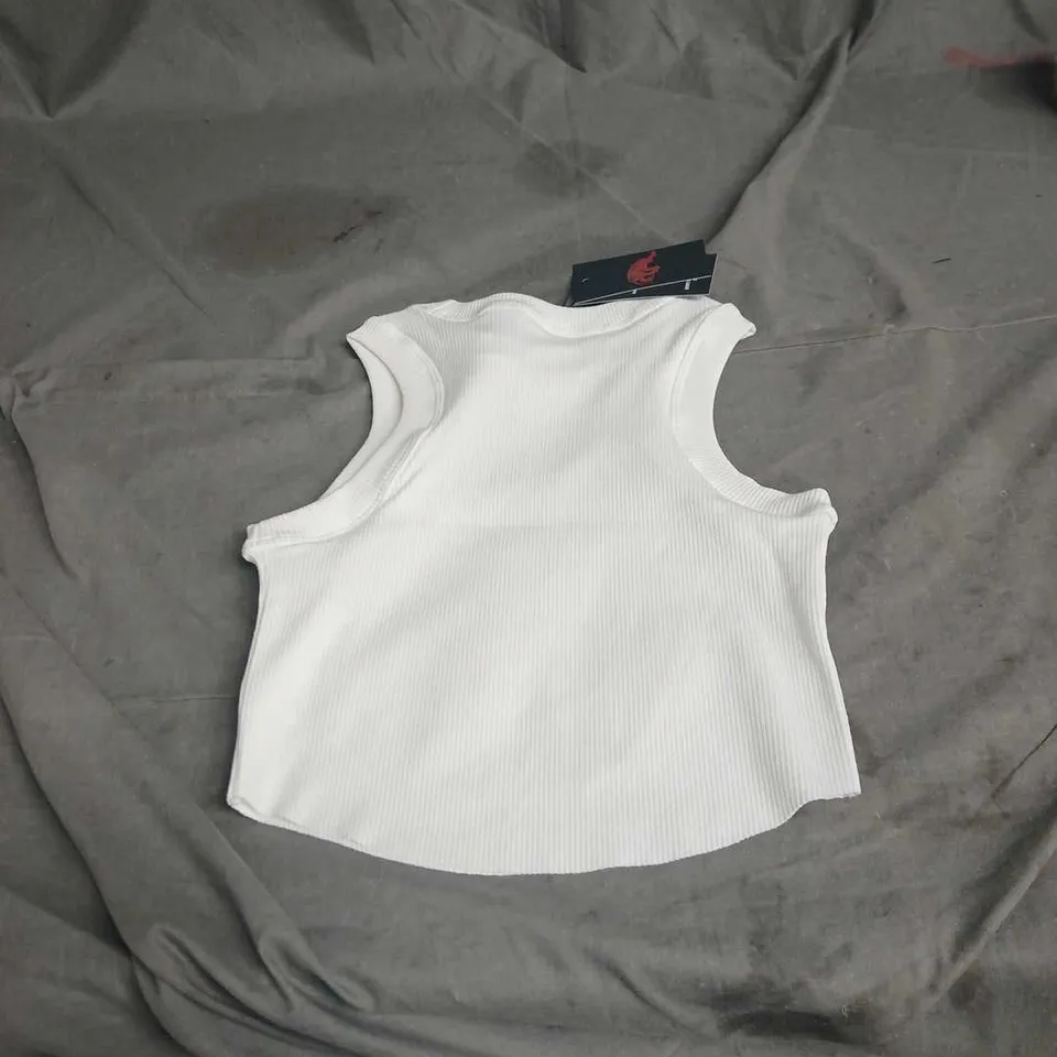 LA VISION WHITE RIBBED SLEEVELESS TOP WITH GRAPHIC PRINT – SIZE S (VERIFY MODEL)