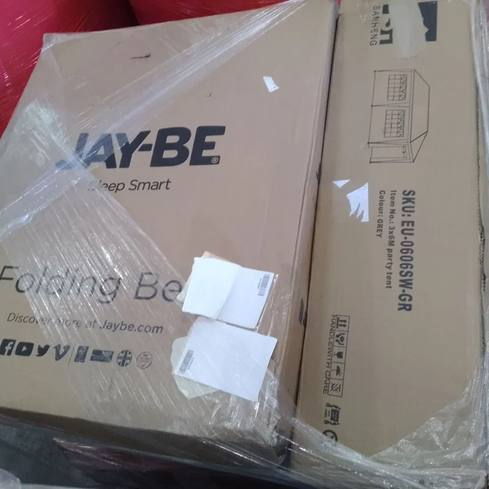 PALLET OF ASSORTED ITEMS INCLUDING 3×6M PARTY TENT, FOLDING BED, GAMING BED
