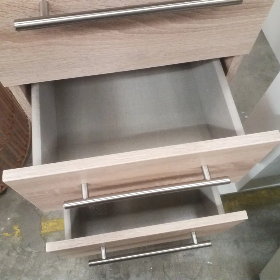 FULLY ASSEMBLED LYNDALE 3 DRAWER BEDSIDE TABLE - BORDEAUX OAK