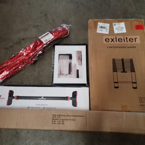 PALLET CONTAINING ASSORTED PRODUCTS INCLUDING 2.9M TELESCOPIC LADDER, 60M ROTARY DRYER + SPIKE&COVER, PULL UP BAR, PHOTO FRAME & RUBY RED TWIRLING BATON BAG
