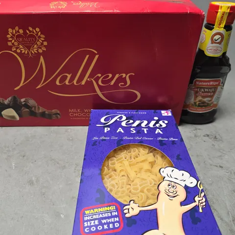 APPROXIMATELY 8 ASSORTED FOOD & DRINK ITEMS TO INCLUDE - PENIS PASTA, UKWAJU SAUCE , WALKERS CHOCOLATE CLASSICS ETC