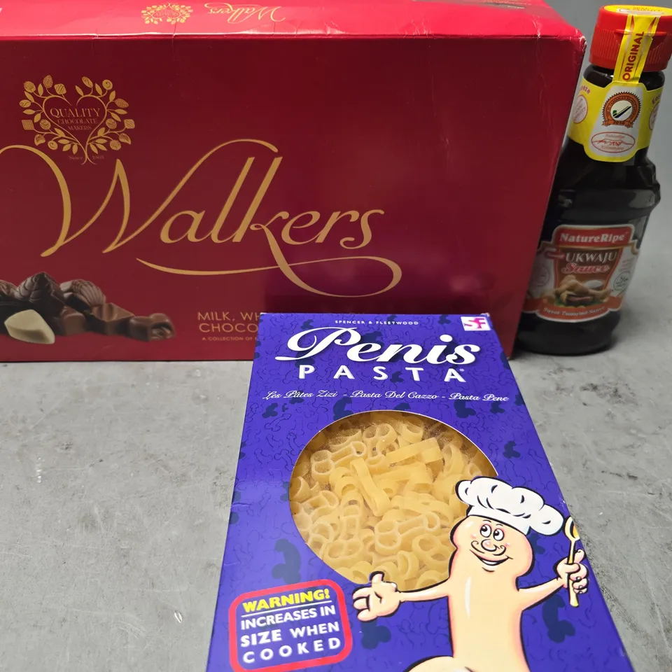 APPROXIMATELY 8 ASSORTED FOOD & DRINK ITEMS TO INCLUDE - PENIS PASTA, UKWAJU SAUCE , WALKERS CHOCOLATE CLASSICS ETC