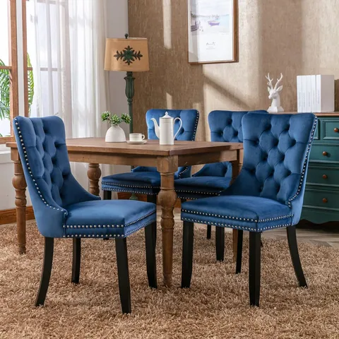BOXED PAIR OF KNOCKER RING WING BACK VELVET DINING KITCHEN CHAIRS - BLUE