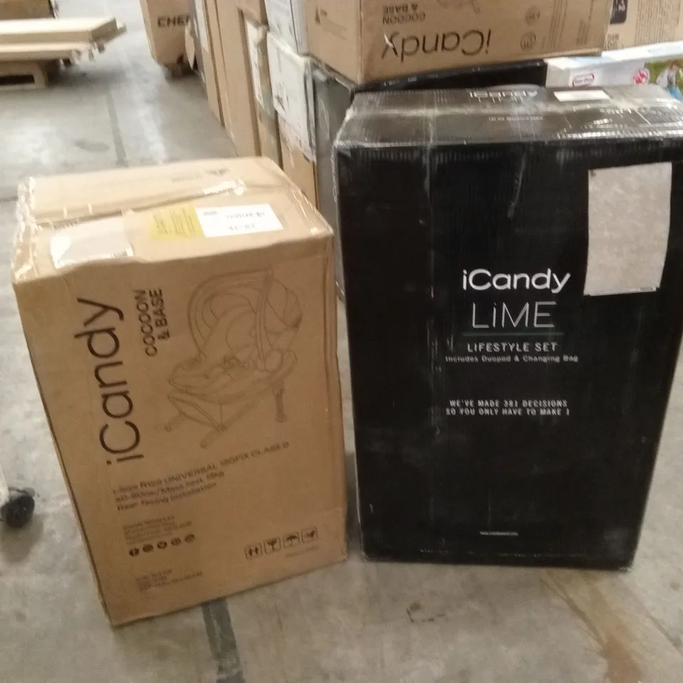 BOXED ICANDY LIME STROLLER AND CAR SEAT COCOON & BASE - CHARCOAL/DARK GREY (2 BOXES)