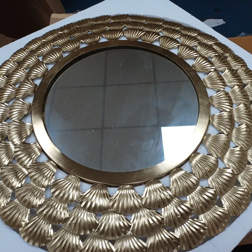 ALISON CORK ROUND EMBOSSED SCALLOP SHELL WALL MIRROR GOLD