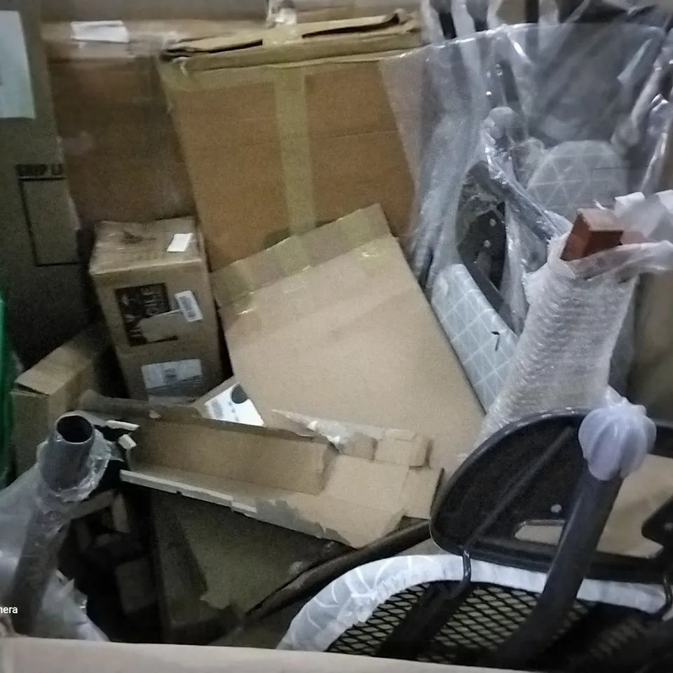 PALLET OF ASSORTED ITEMS INCLUDING IRONING BOARD, CLOTHES RACK, PLASTIC DOG SKELETON, SWIVEL CHAIR, LED SILVER GLITTER REINDEER