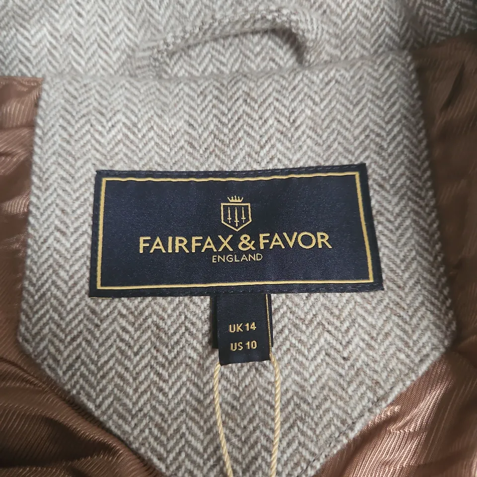 FAIRFAX & FAVOR ELOISE BELTED WOOL JACKET – ALMOND HERRINGBONE, UK 14 (US 10)