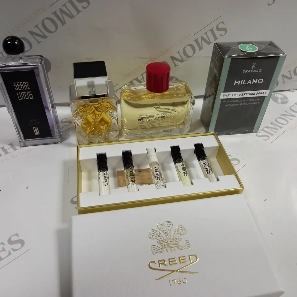 BOX OF APPROXIMATELY 10 ASSORTED FRAGRANCES TO INCLUDE LACOSTE PARFUM, SINGOSARI PARFUM, SEAGE LUTENS SPRAY ETC