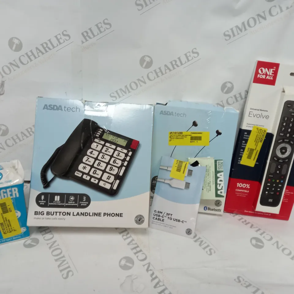 BOX OF APPROXIMATELY 25 ASSORTED ELECTRICALS TO INCLUDE BIG BUTTON PHONE, JUICE TYPE C CHARGER, ONE FOR ALL REMOTE, ETC