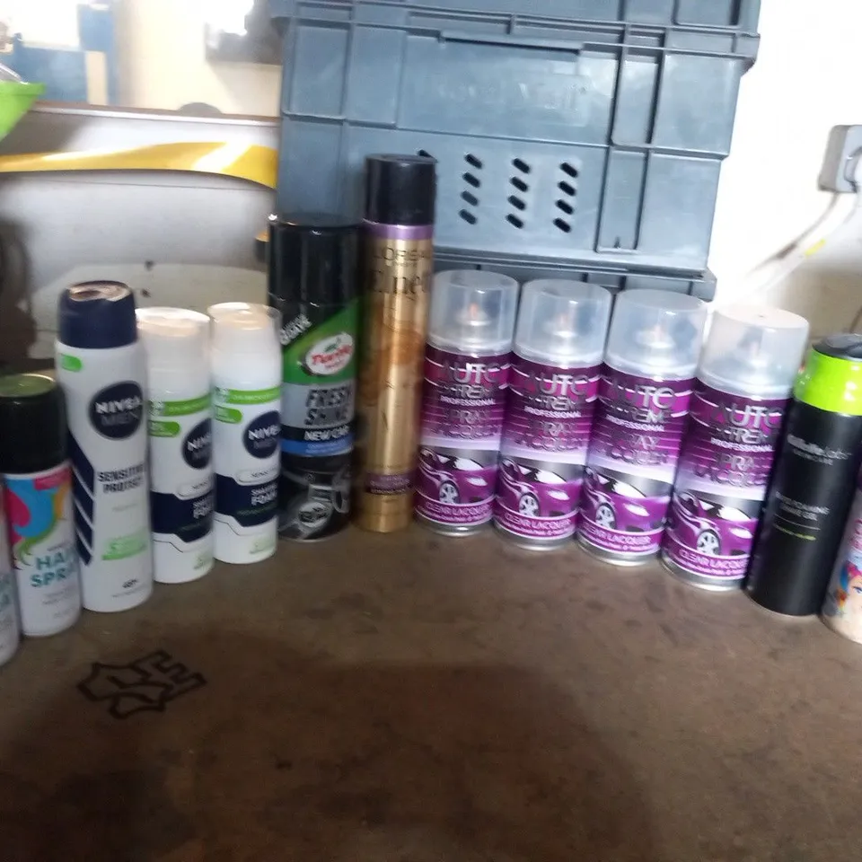 APPROXIMATELY 14 ASSORTED AEROSOLS TO INCLUDE; NIVEA, TURTLE WAX, UNIQUE, AUTO EXTREME AND GILLETTE