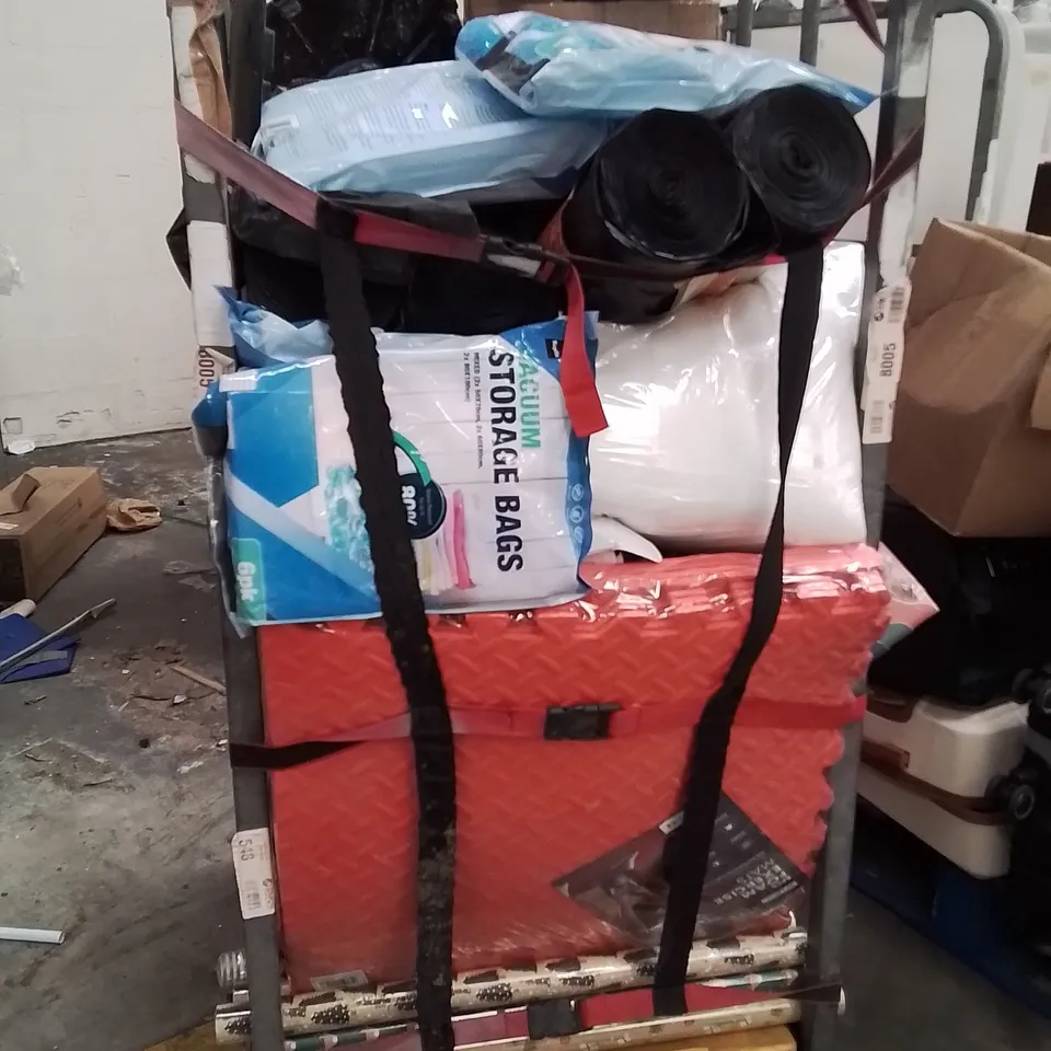 CAGE OF ASSORTED HOUSEHOLD GOODS AND PRODUCTS TO INCLUDE;PARASOL BASE,COAT HANGERS,YOGA MAT