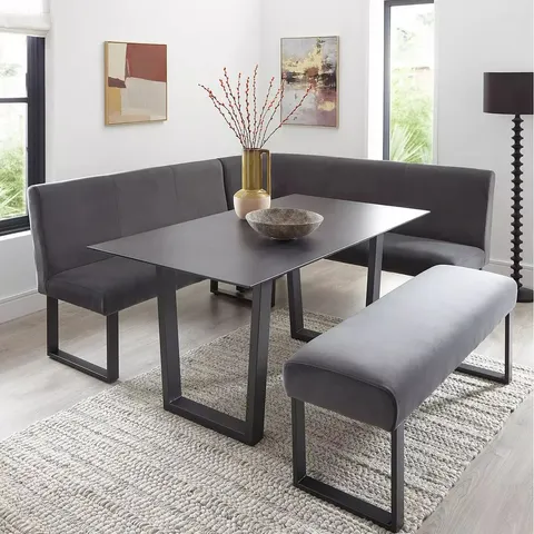 BOXED NEVADA 160cm LONG DINING TABLE + CORNER SEAT AND BENCH DINING SET - GREY (2 BOXES)
