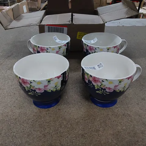 BOXED BLUE FLORAL BONE CHINA MUGS - SET OF 4