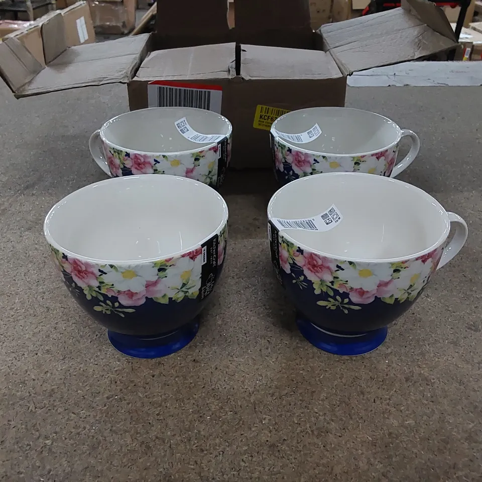 BOXED BLUE FLORAL BONE CHINA MUGS - SET OF 4