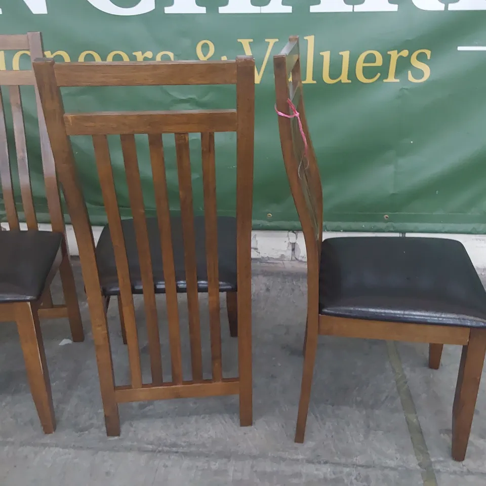 SET OF FOUR DARK WOOD SLAT BACK DINING CHAIRS BLACK PU SEATS