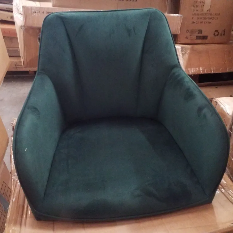 A BOXED PAIR OF VELVET UPHOLSTERED GREEN SIDE CHAIRS