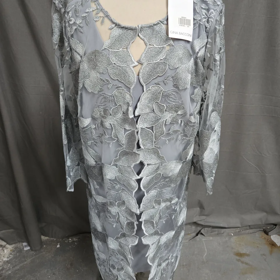 GINA BACCONA MESH EMBROIDERED DRESS IN SILVER SIZE 16