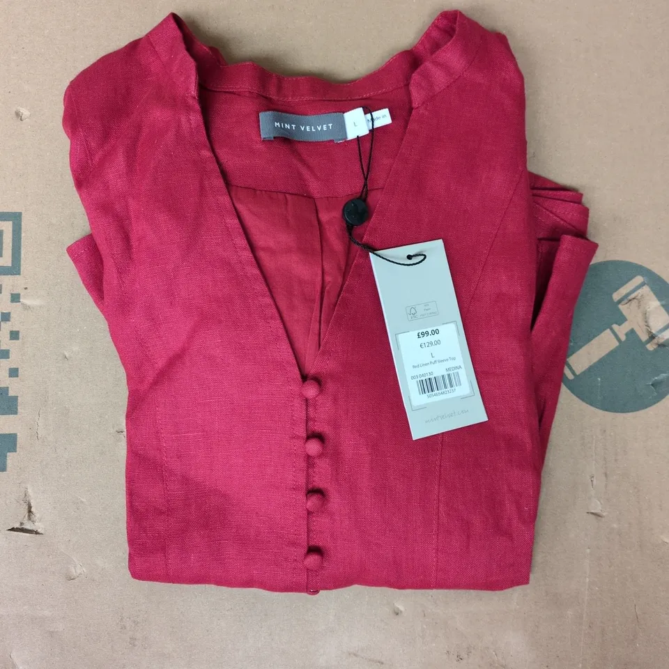 MINT VELVET RED LINEN PUFF SLEEVE TOP SIZE LARGE