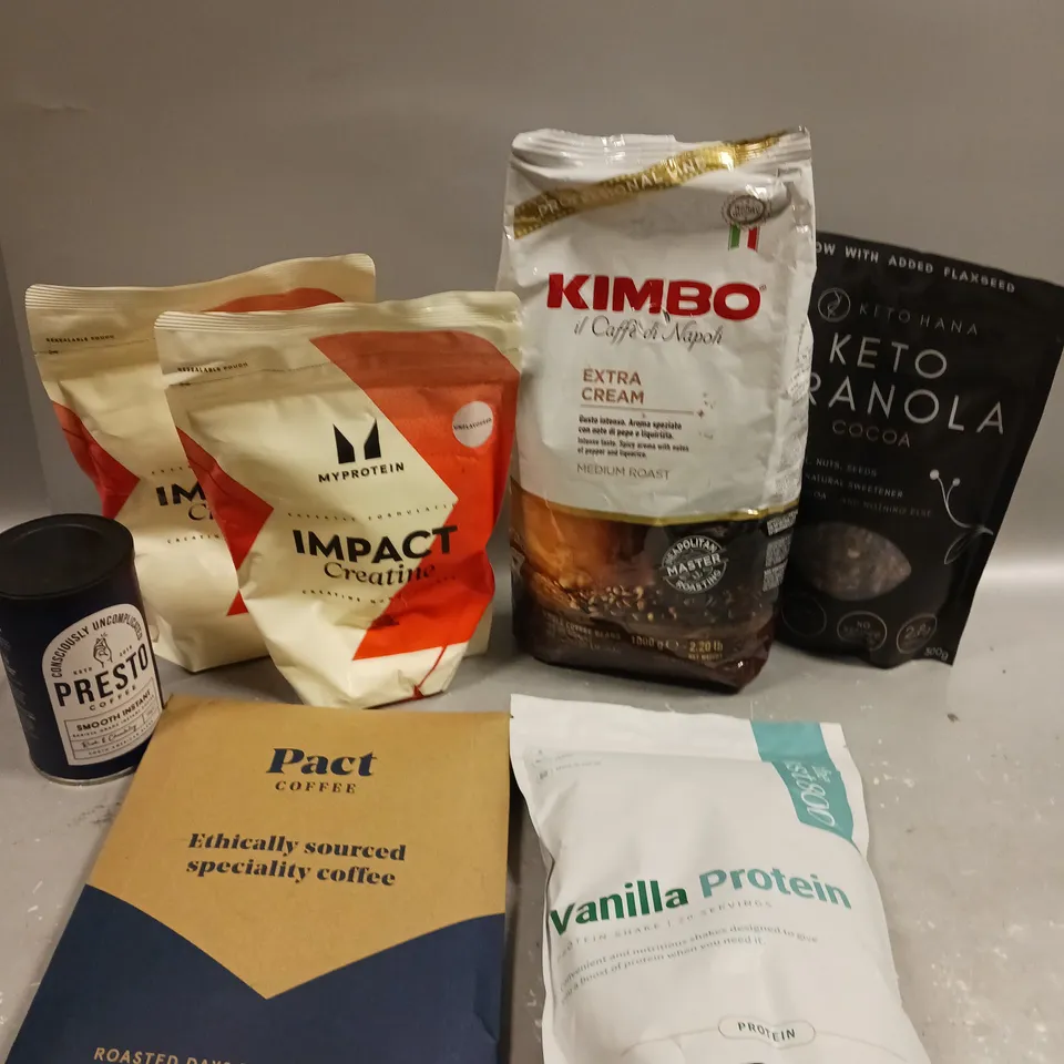7 X ASSORTED FOOD/DRINK PRODUCTS TO INCLUDE MY PROTEIN IMPACT WHEY CREATINE, PACT COFFEE, PRESTO COFFEE ETC 