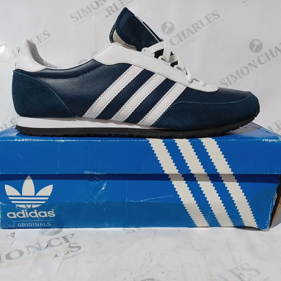 BOXED PAIR OF ADIDAS POTOSINO SHOES IN BLUE/WHITE UK SIZE 9.5