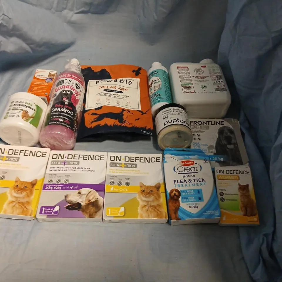 LARGE QUANTITY OF ASSORTED PET SUPPLIES TO INCLUDE: FLEA & TICK TREATMENTS ASSORTED (FRONTLINE & ON DEFENCE) FOR CATS & DOGS