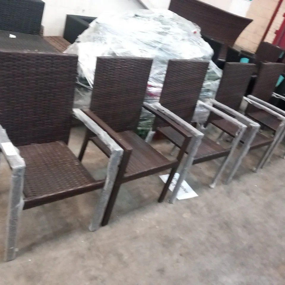 FIVE RATTAN EFFECT GARDEN ARM CHAIRS